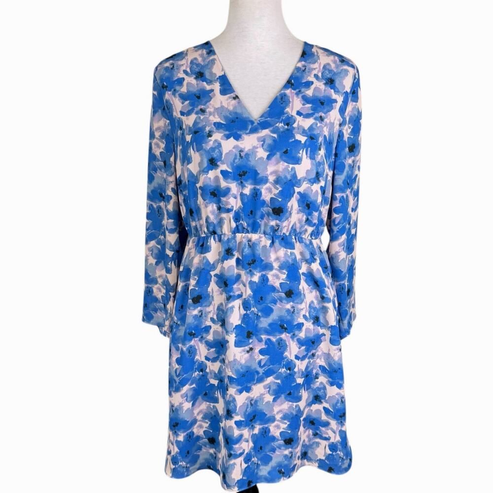 J Crew Watercolor Blue Floral NWT Vneck Long Sleeve Spring Easter Mini Dress
